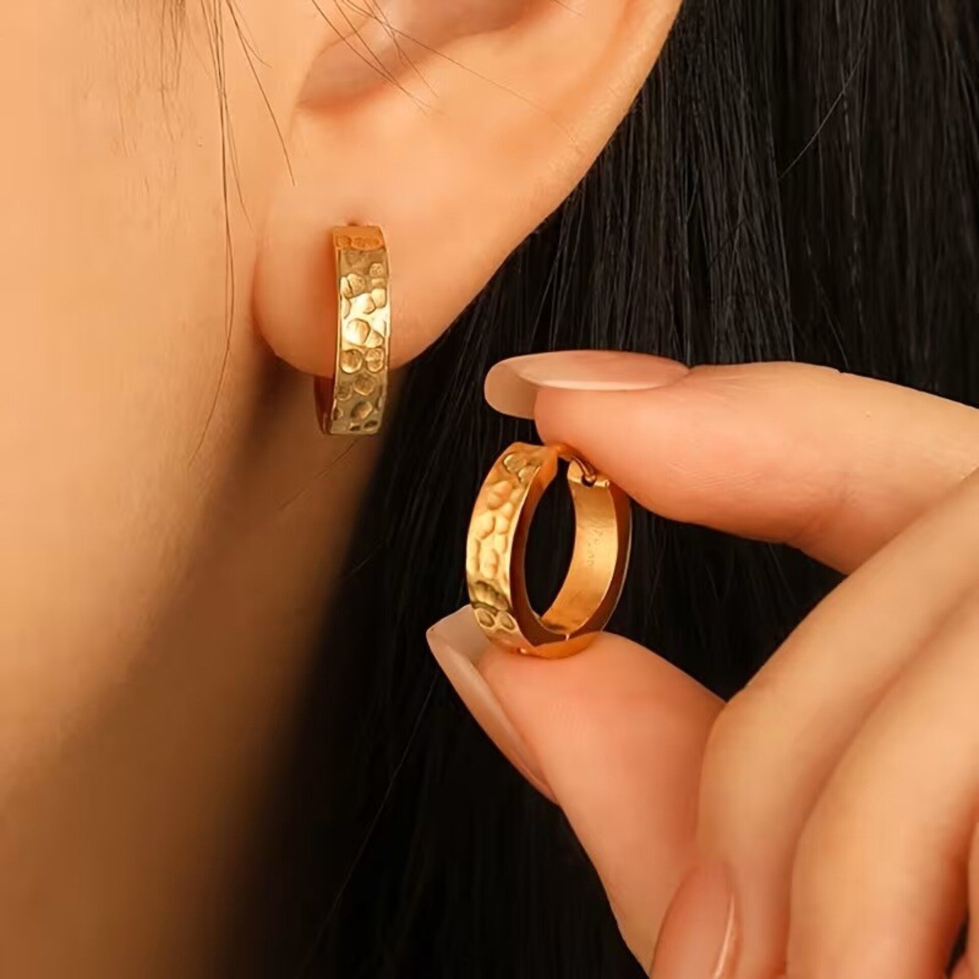 PENDIENTES ARO RECTOS MARTILLADOS ACERO Y ORO - 3